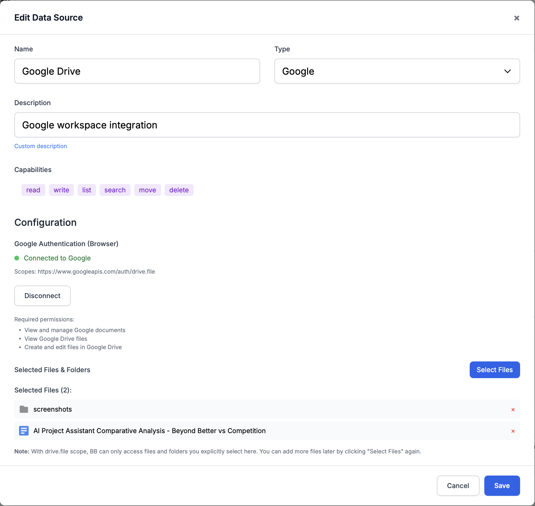 Google Docs datasource configuration showing the Select Files interface with chosen files and folders
