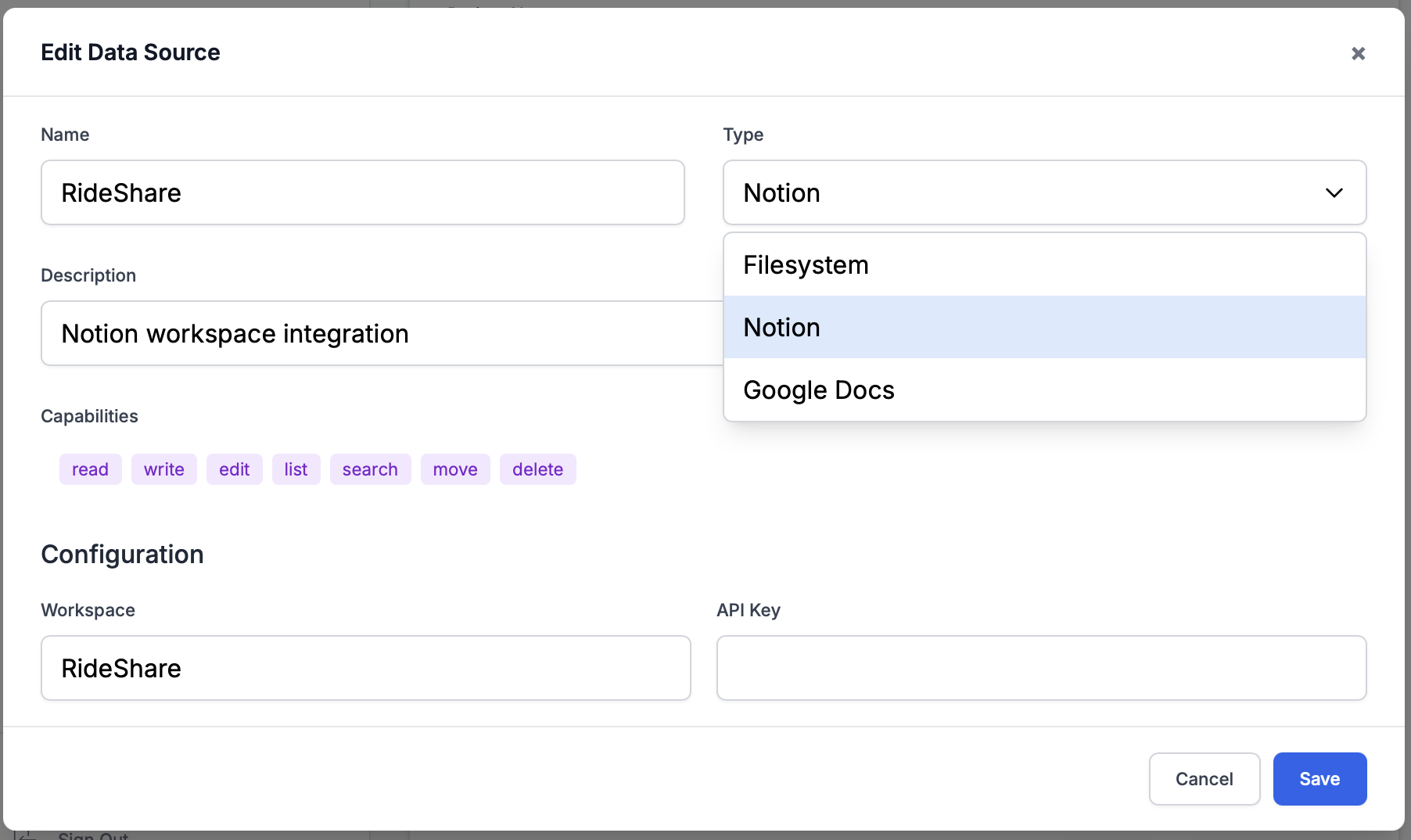 Notion datasource configuration showing API key setup and workspace selection