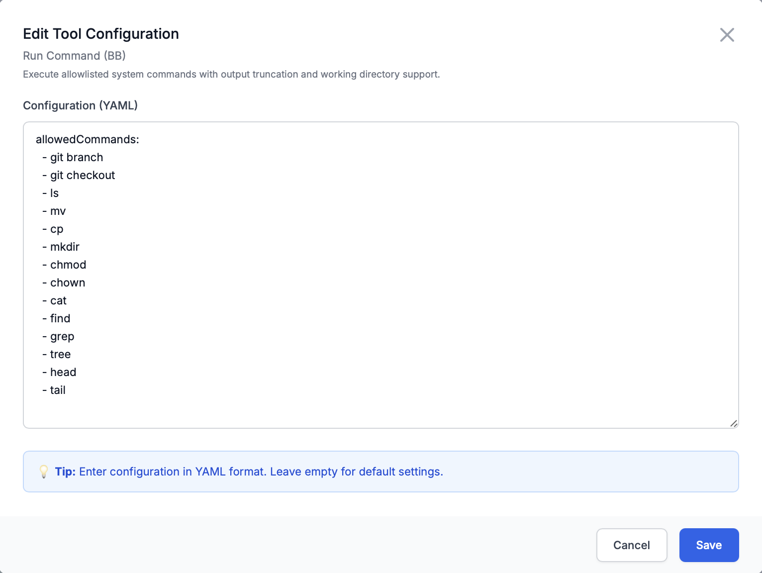 Tool configuration editor showing YAML configuration with syntax highlighting and live validation